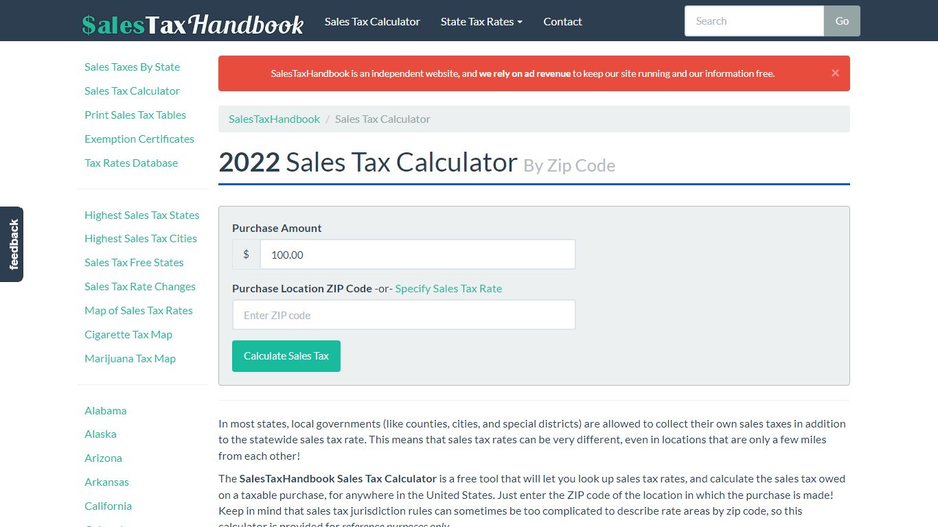 2022 Sales Tax Calculator By Zip Code - SalesTaxHandbook
